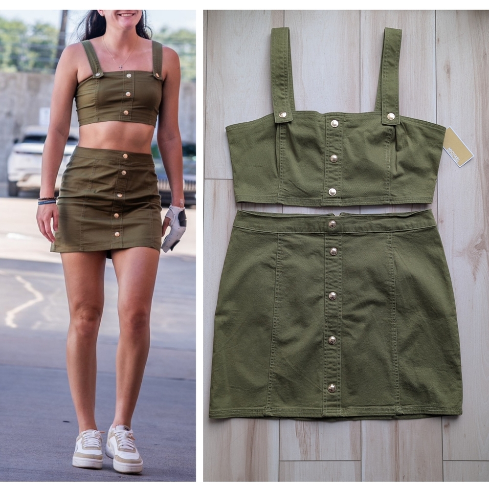 Michael Kors denim skirt set smoky olive XL zipper